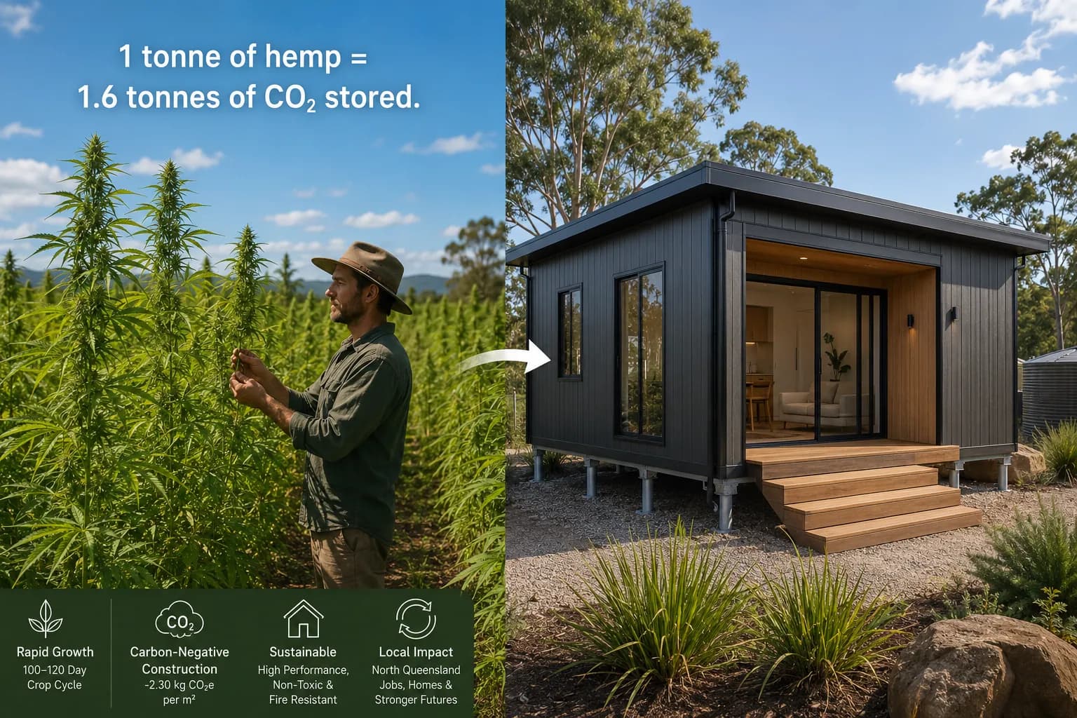 Graphic showing that one tonne of hemp stores 1.6 tonnes of CO₂, from hemp field to finished home