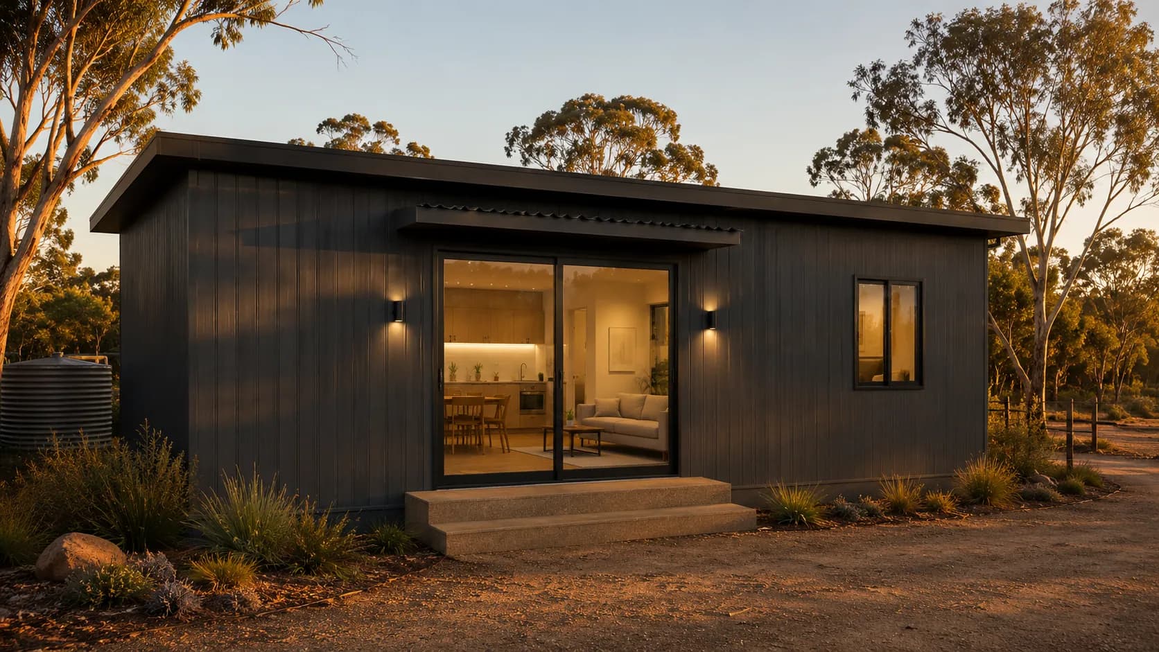 HempPod modular hemp home exterior in golden-hour light