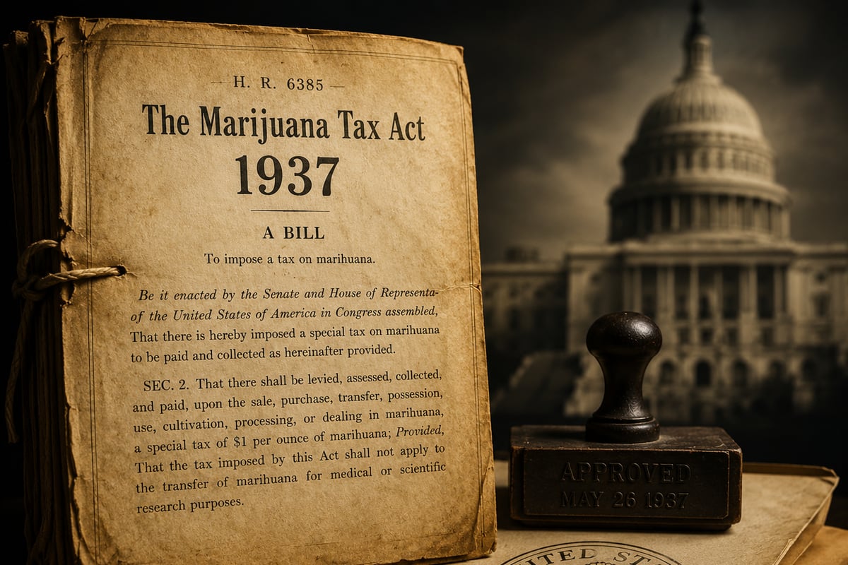 1930s-era government documents with an ink stamp and fountain pen, sepia tones